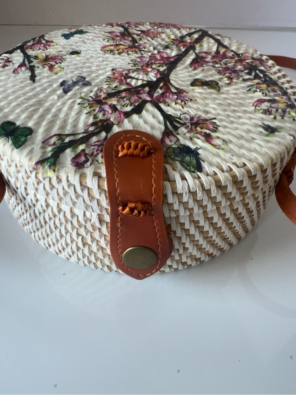 Handmade Bali Round Rattan Crossbody Bag Floral Butterfly Boho Summer Purse - Picture 5 of 8